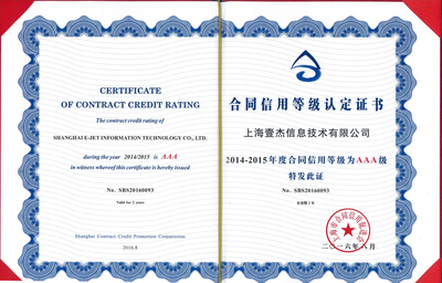 喜訊！壹杰信息榮獲“2014-2015年度守合同重信用AAA級企業”稱號
